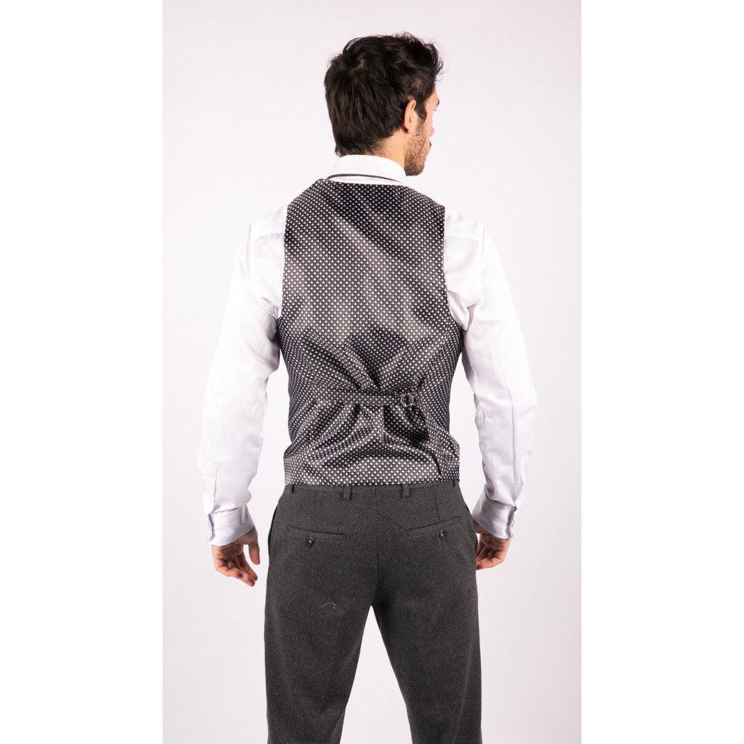 Mens Grey Black 3 Piece Tweed Suit Herringbone Wool Vintage Retro - Knighthood Store