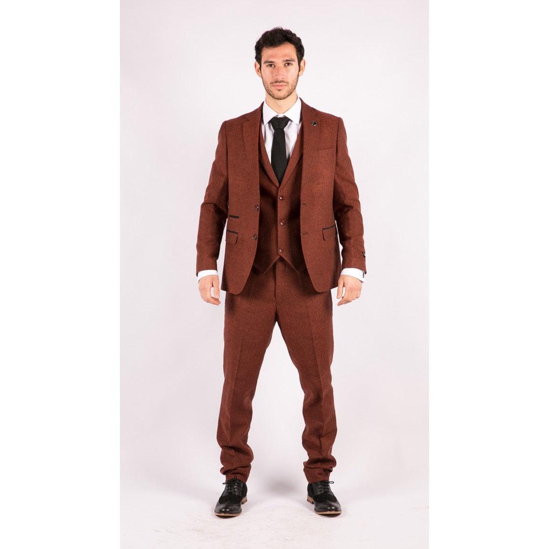 Mens Camel 3 Piece Tweed Suit Herringbone Wool Vintage Retro Fit - Knighthood Store