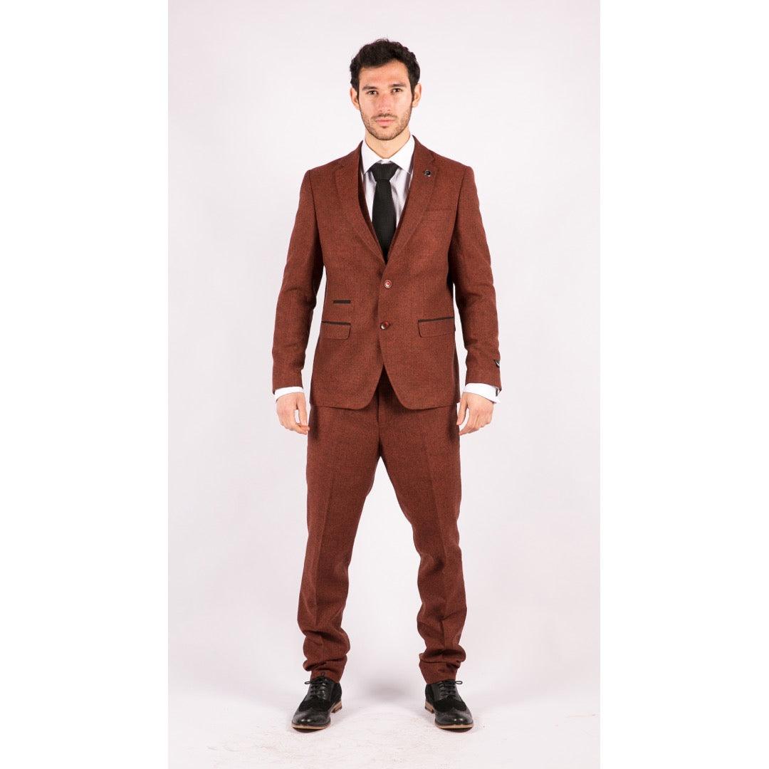 Mens Camel 3 Piece Tweed Suit Herringbone Wool Vintage Retro Fit - Knighthood Store