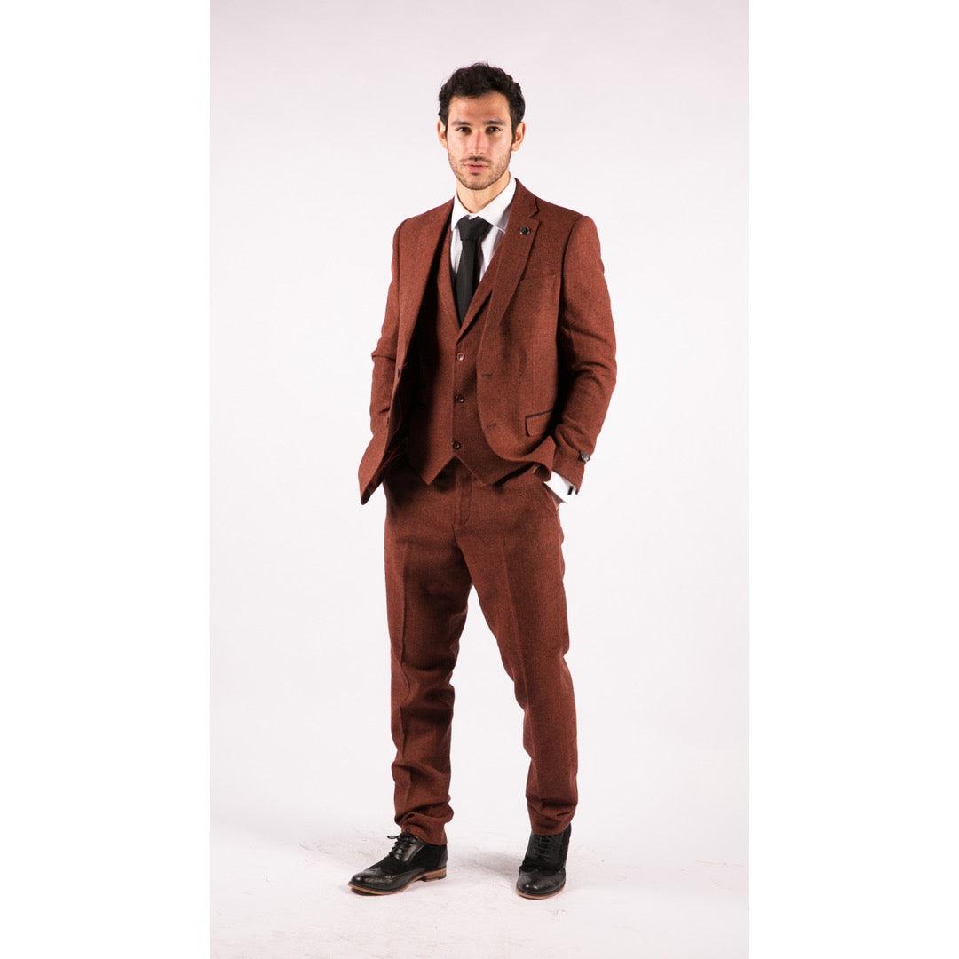 Mens Camel 3 Piece Tweed Suit Herringbone Wool Vintage Retro Fit - Knighthood Store