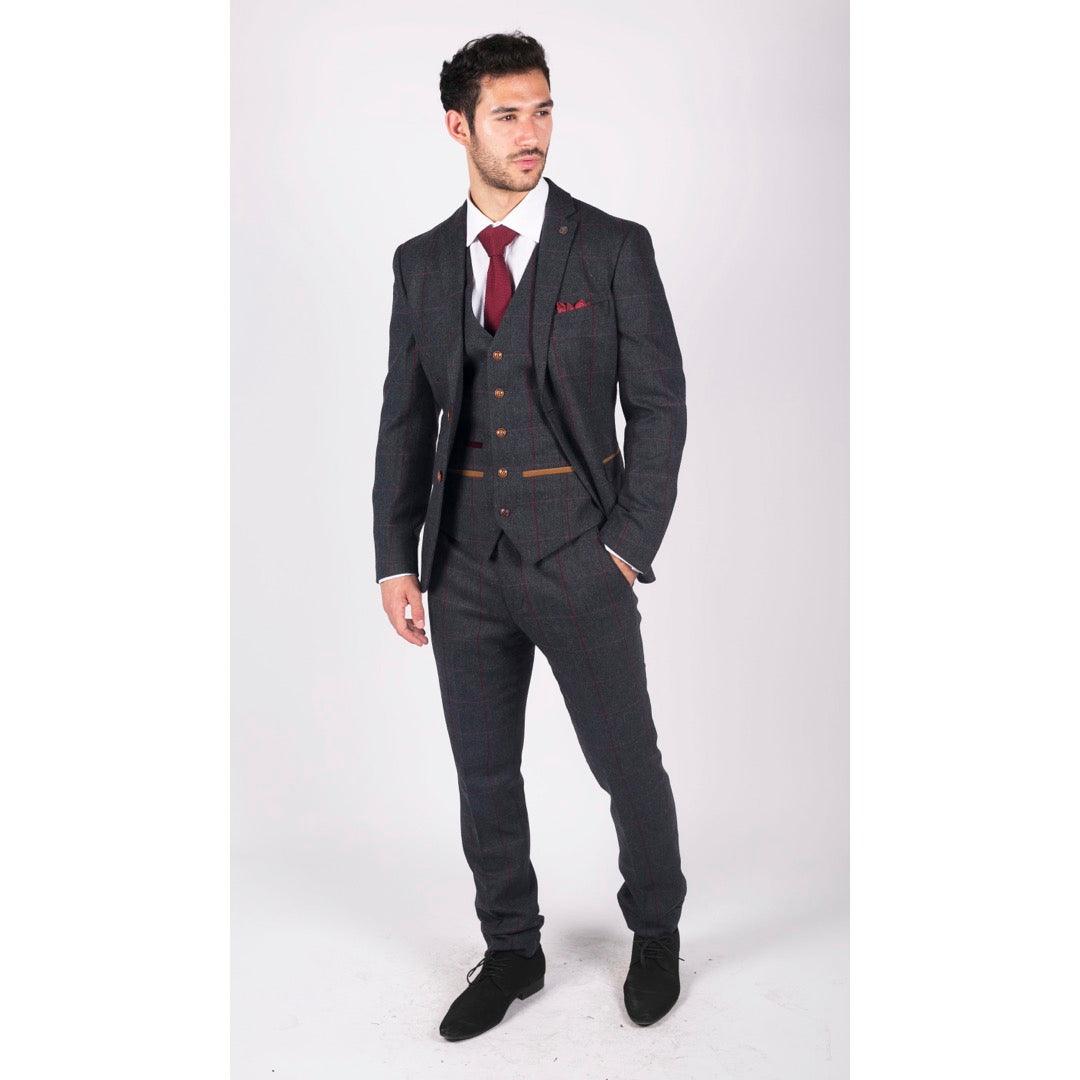 Mens Herringbone Tweed 3 Piece Navy Red Check Suit Vintage 1920s Tailored Fit - Knighthood Store