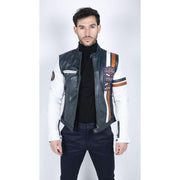 Mens Retro Vintage Navy Blue White Real Leather Biker Jacket Badge Design Casual - Knighthood Store
