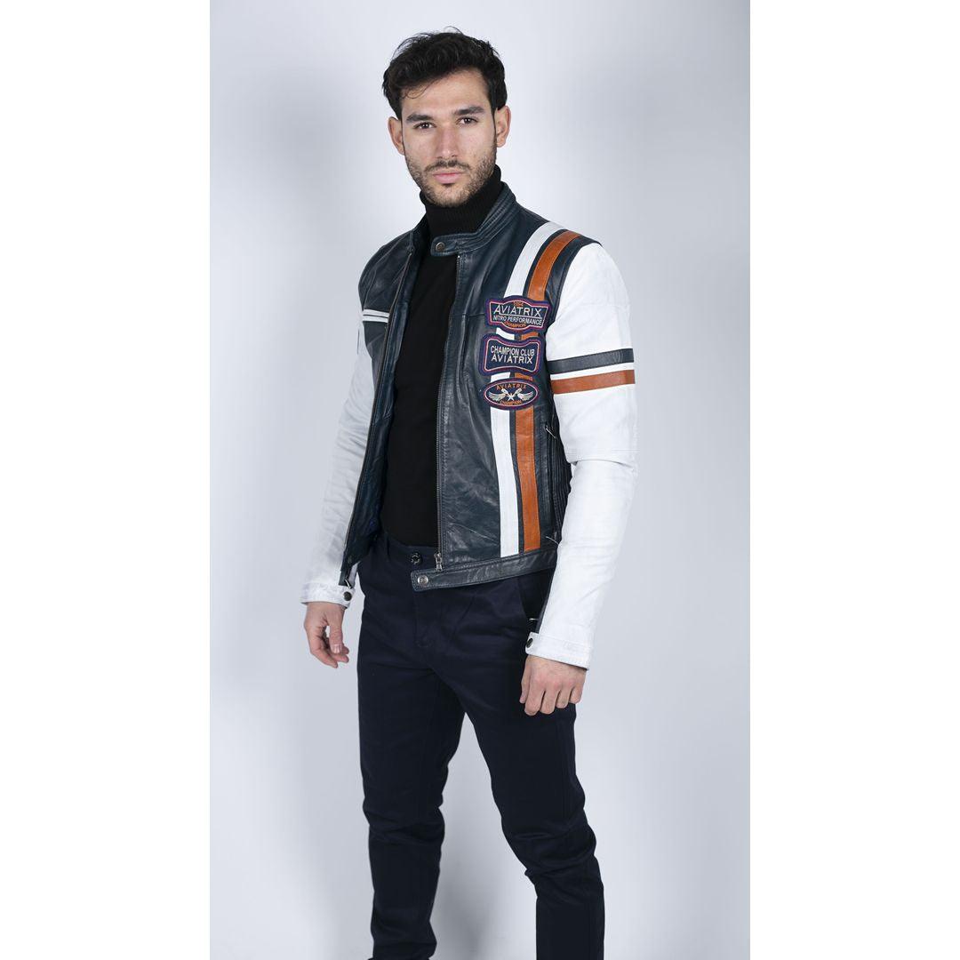 Mens Retro Vintage Navy Blue White Real Leather Biker Jacket Badge Design Casual - Knighthood Store