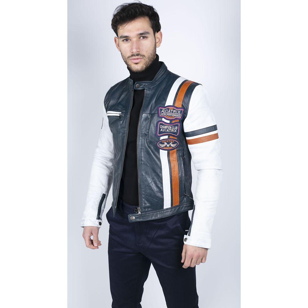Mens Retro Vintage Navy Blue White Real Leather Biker Jacket Badge Design Casual - Knighthood Store