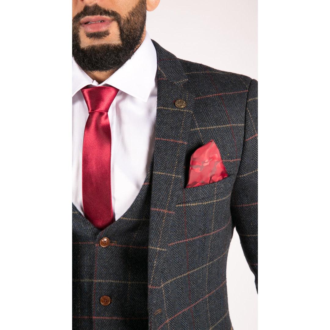 Mens Navy Blue Wine Check Herringbone Tweed Vintage 3 Piece New Marc Darcy Suit - Knighthood Store