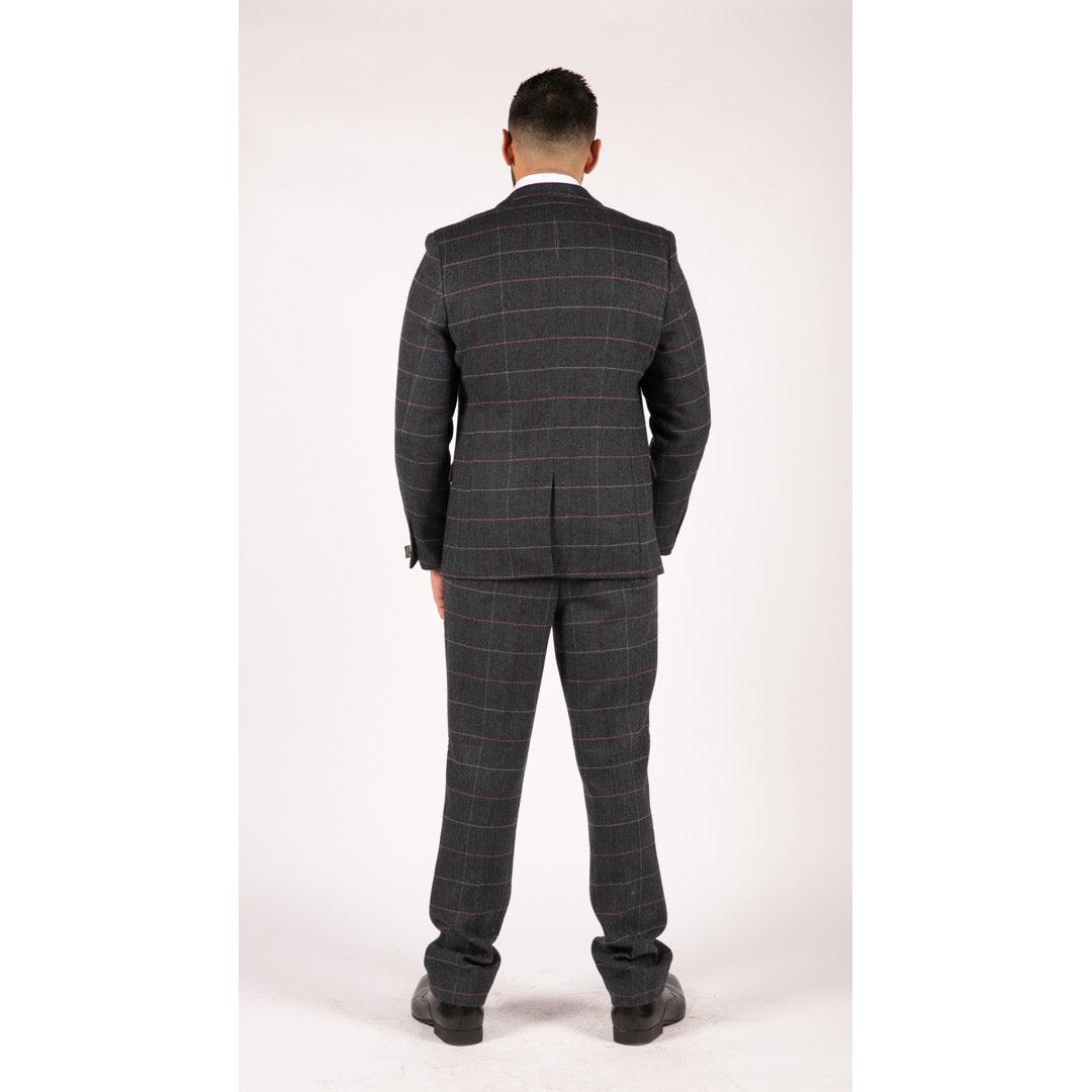 Mens Navy Blue Wine Check Herringbone Tweed Vintage 3 Piece New Marc Darcy Suit - Knighthood Store