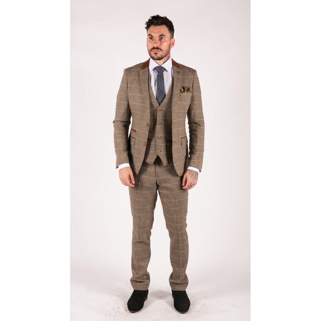 Mens Check Vintage Herringbone Tweed Tan Brown 3 Piece Suit Slim Fit Wedding - Knighthood Store