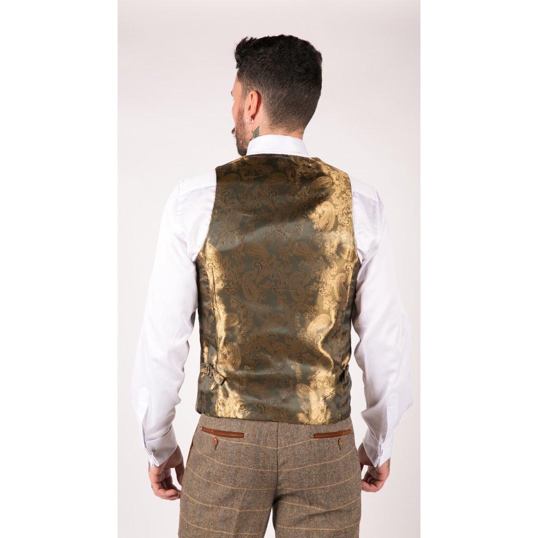 Mens Vintage Tweed Check Waistcoat Herringbone Tan Brown Grey Slim Fit Velvet Trim - Knighthood Store