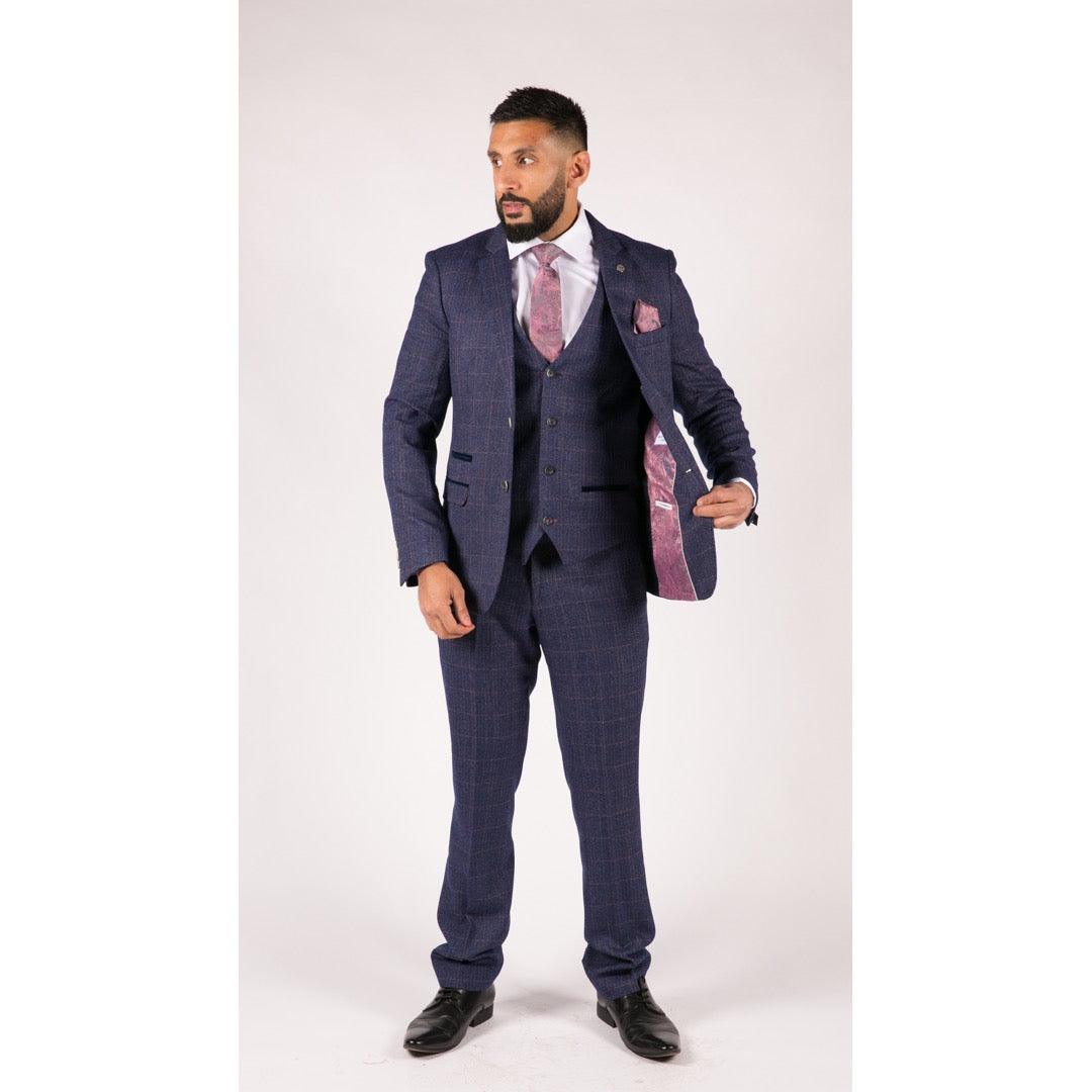 Mens Navy Blue 3 Piece Suit Double Breasted Waistcoat Tan Prince Of Wales Check - Knighthood Store
