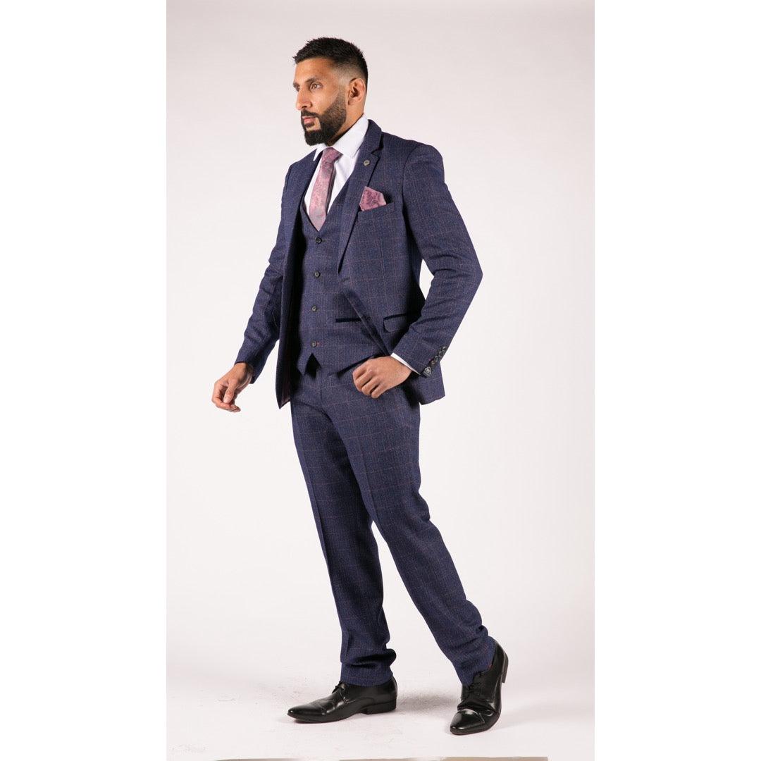 Mens Navy Blue 3 Piece Suit Double Breasted Waistcoat Tan Prince Of Wales Check - Knighthood Store