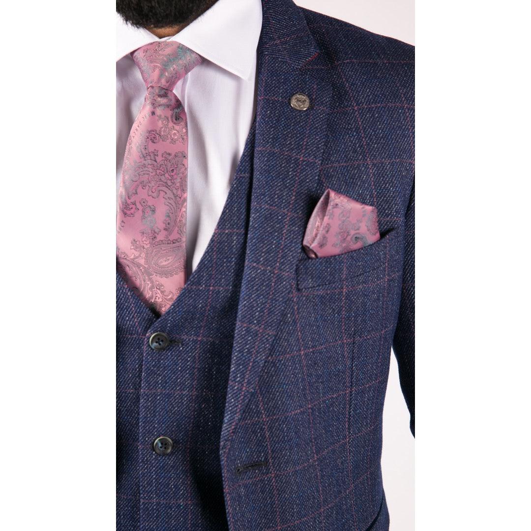 Mens Navy Blue 3 Piece Suit Double Breasted Waistcoat Tan Prince Of Wales Check - Knighthood Store