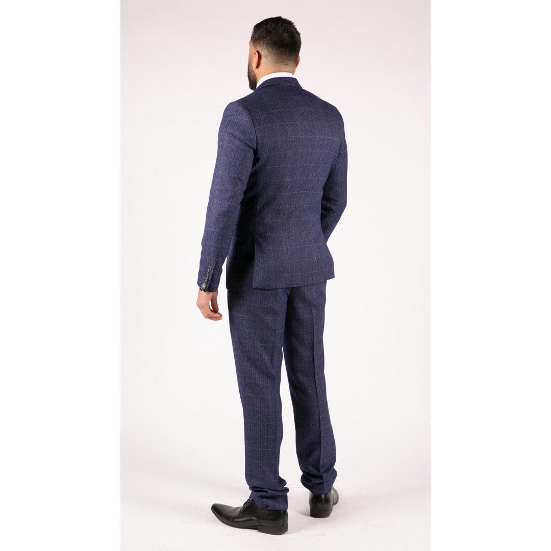 Mens Navy Blue 3 Piece Suit Double Breasted Waistcoat Tan Prince Of Wales Check - Knighthood Store