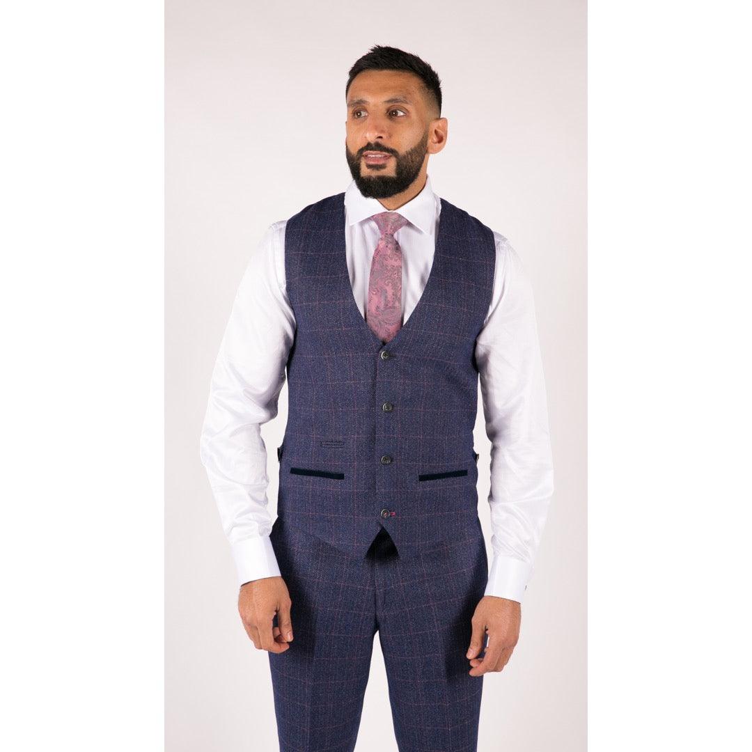 Mens Navy Blue 3 Piece Suit Double Breasted Waistcoat Tan Prince Of Wales Check - Knighthood Store