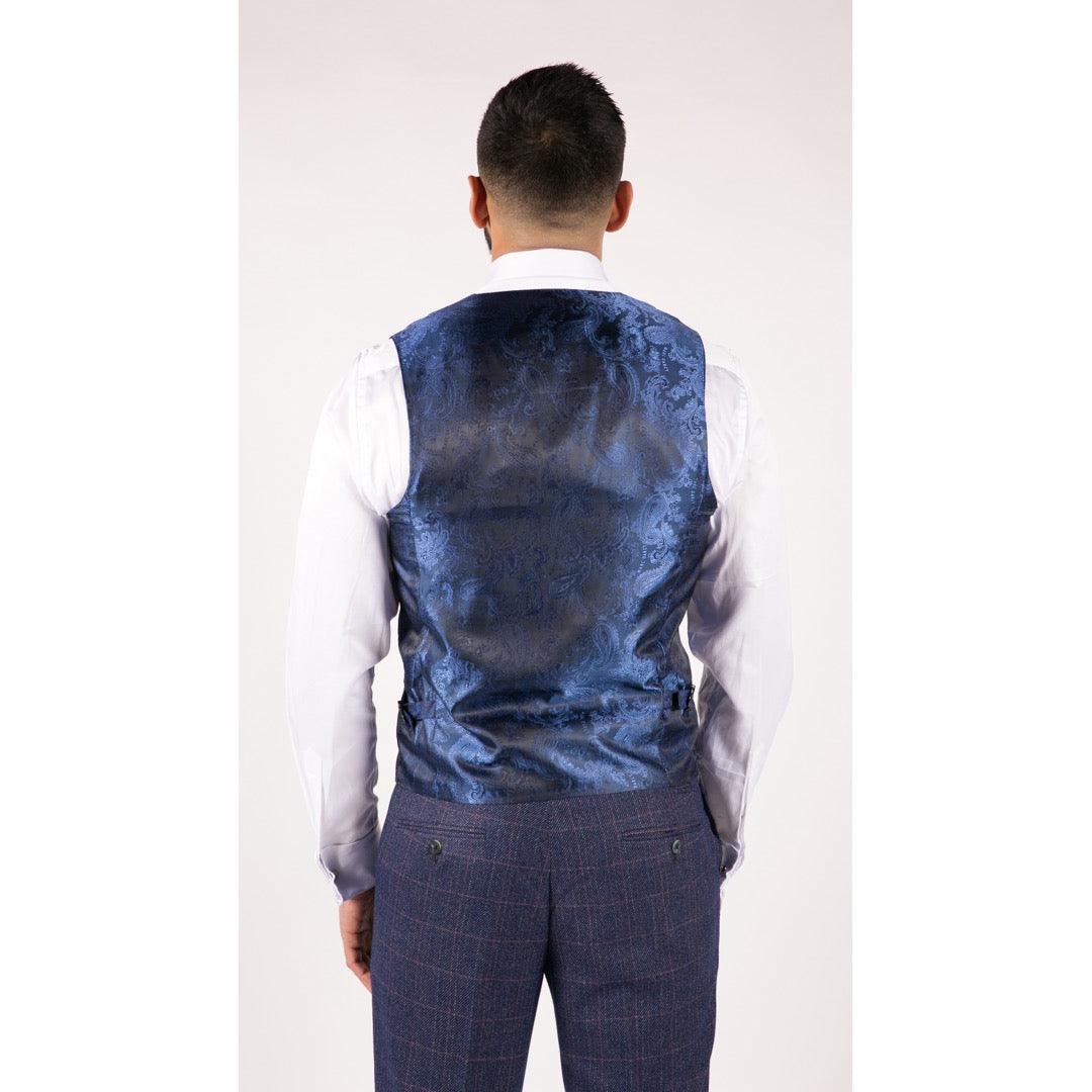 Mens Navy Blue 3 Piece Suit Double Breasted Waistcoat Tan Prince Of Wales Check - Knighthood Store