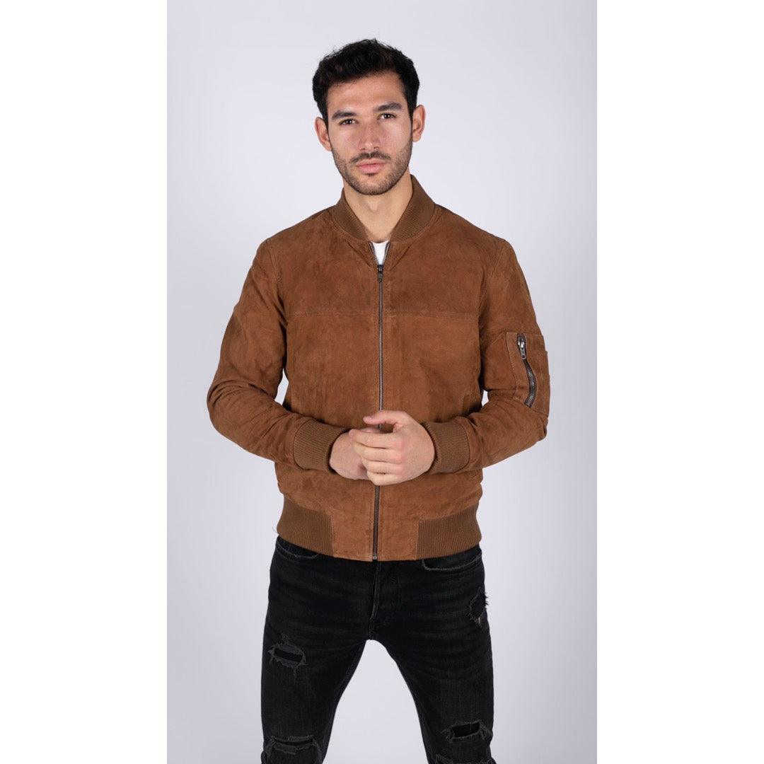 Mens Real Suede Leather Varsity Bomber College Jacket Classic Retro Vintage Camel Black - Knighthood Store