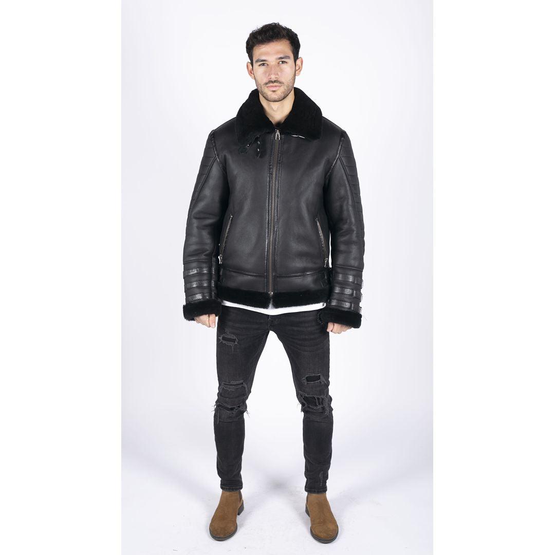 Mens Black Real Sheepskin Flying Jacket Zipped WW2 Pilot Black Winter Warm Coat - Knighthood Store