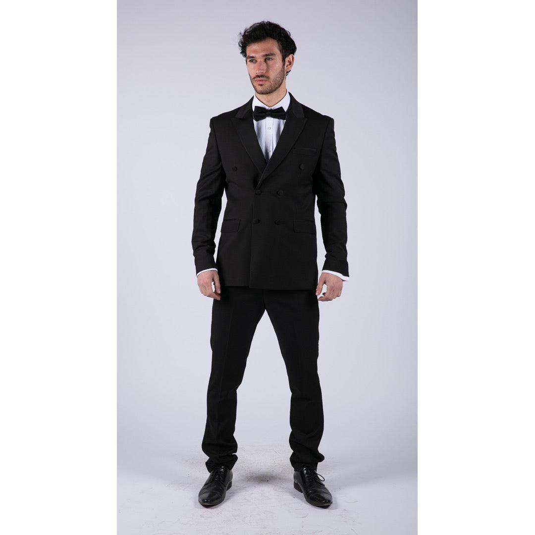 Mens Double Breasted Black Tuxedo Suit Dinner Jacket Stripe Trouser Tux Classic Satin - Knighthood Store