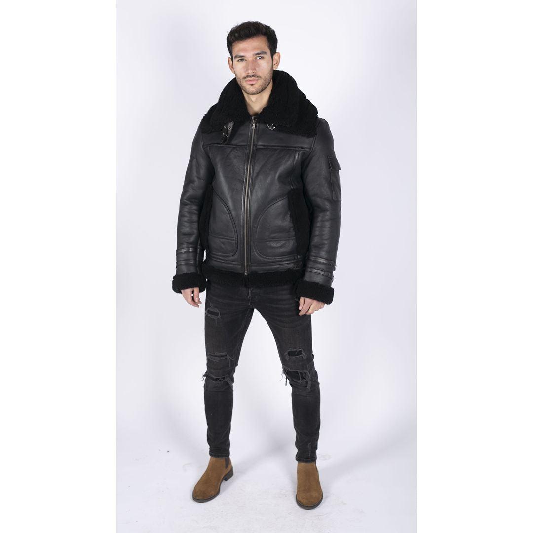 Mens Shearling Sheepskin Coat Zipped Flying Jacket Black Winter Warm Fur - Knighthood Store