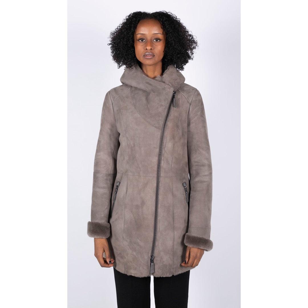 Womens 3/4 Mid Length Real Sheepskin Beige Vintage Toscana Suede Hood Coat - Knighthood Store