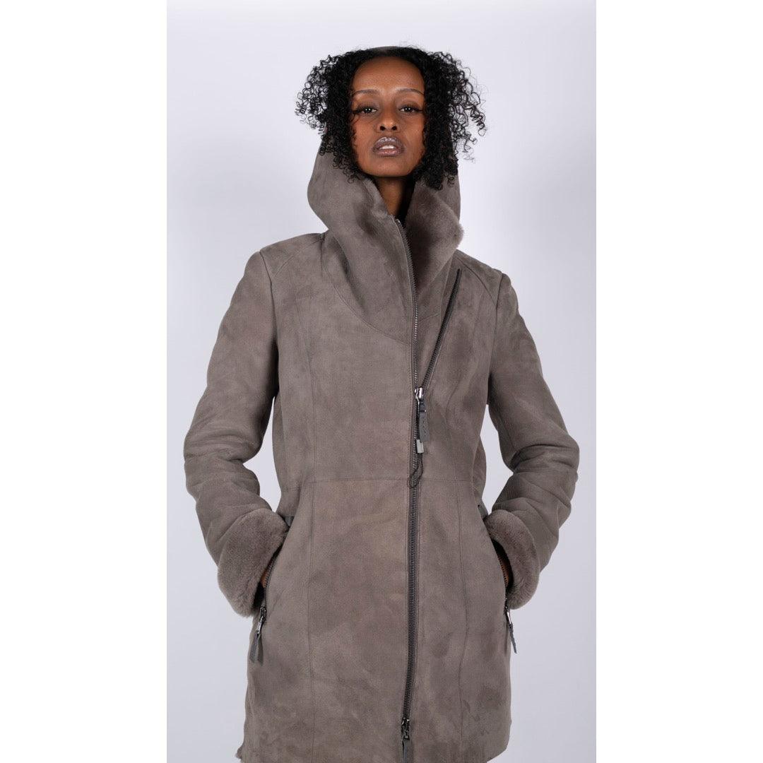 Womens 3/4 Mid Length Real Sheepskin Beige Vintage Toscana Suede Hood Coat - Knighthood Store
