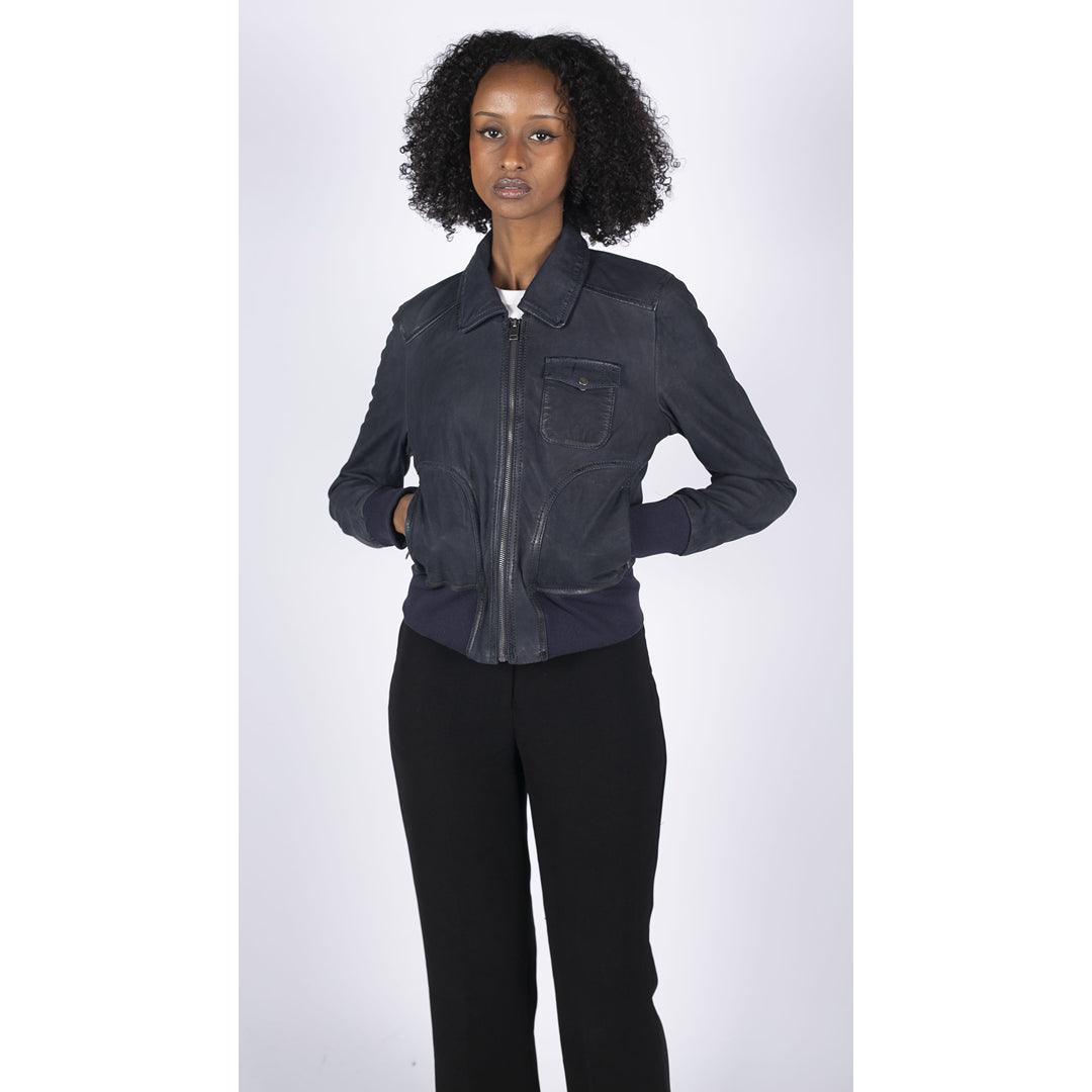 Womens Real Leather Bomber Jacket Short Zipped Retro Brown Tan Black Blue Grey - Knighthood Store
