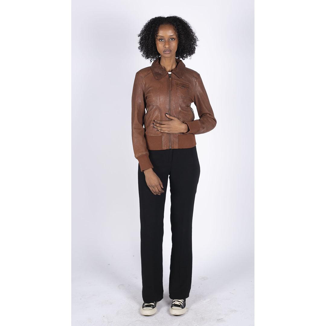 Womens Real Leather Bomber Jacket Short Zipped Retro Brown Tan Black Blue Grey - Knighthood Store