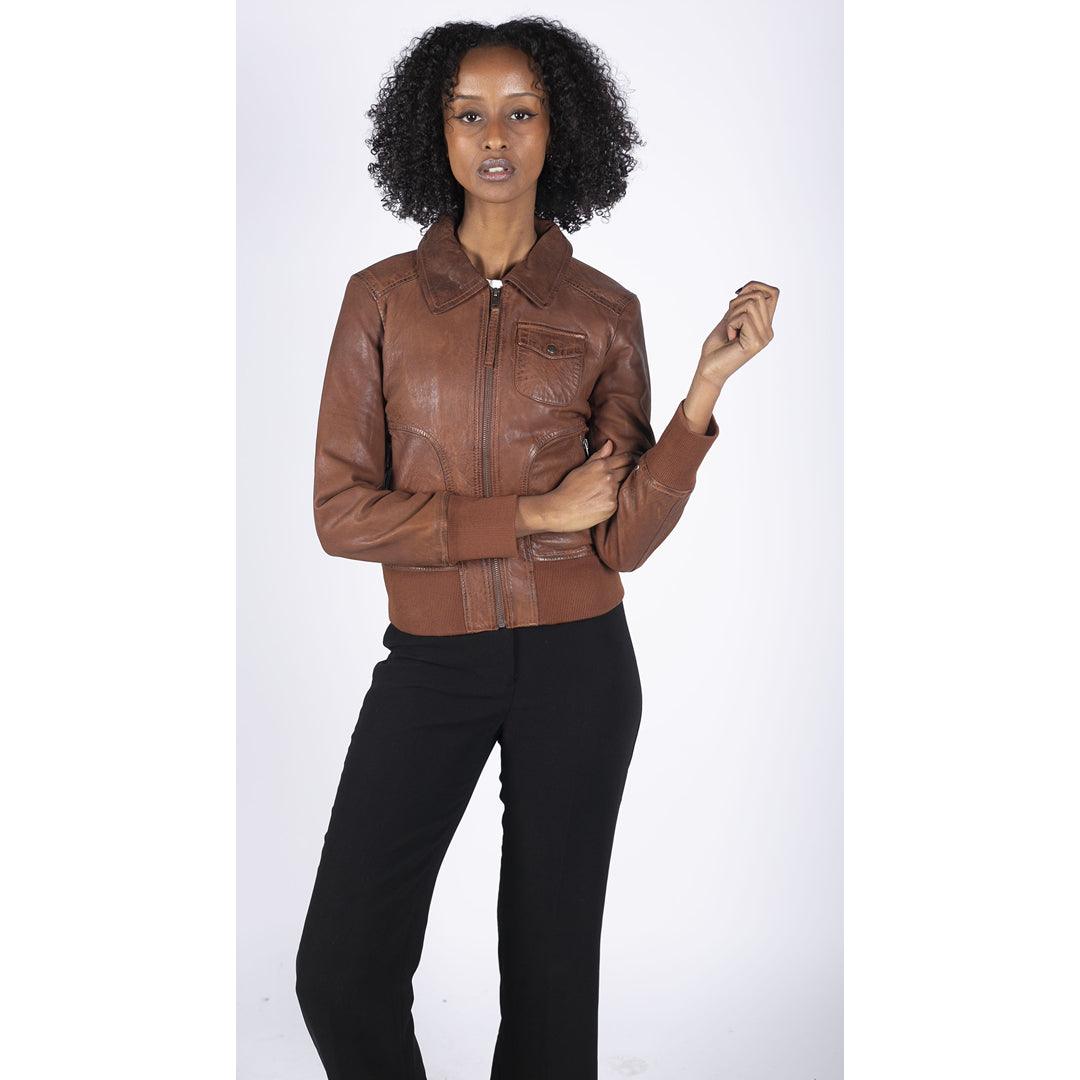 Womens Real Leather Bomber Jacket Short Zipped Retro Brown Tan Black Blue Grey - Knighthood Store