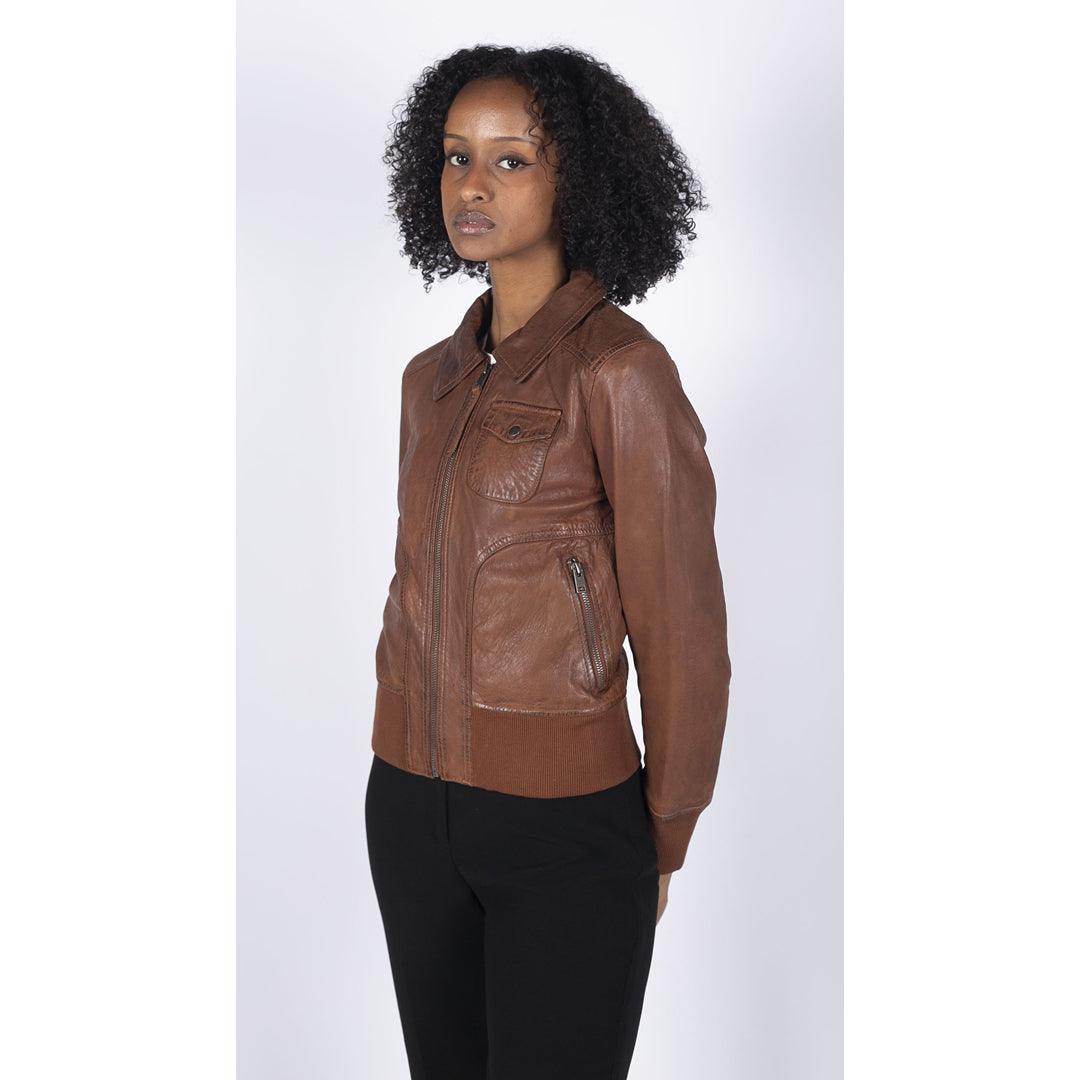 Womens Real Leather Bomber Jacket Short Zipped Retro Brown Tan Black Blue Grey - Knighthood Store