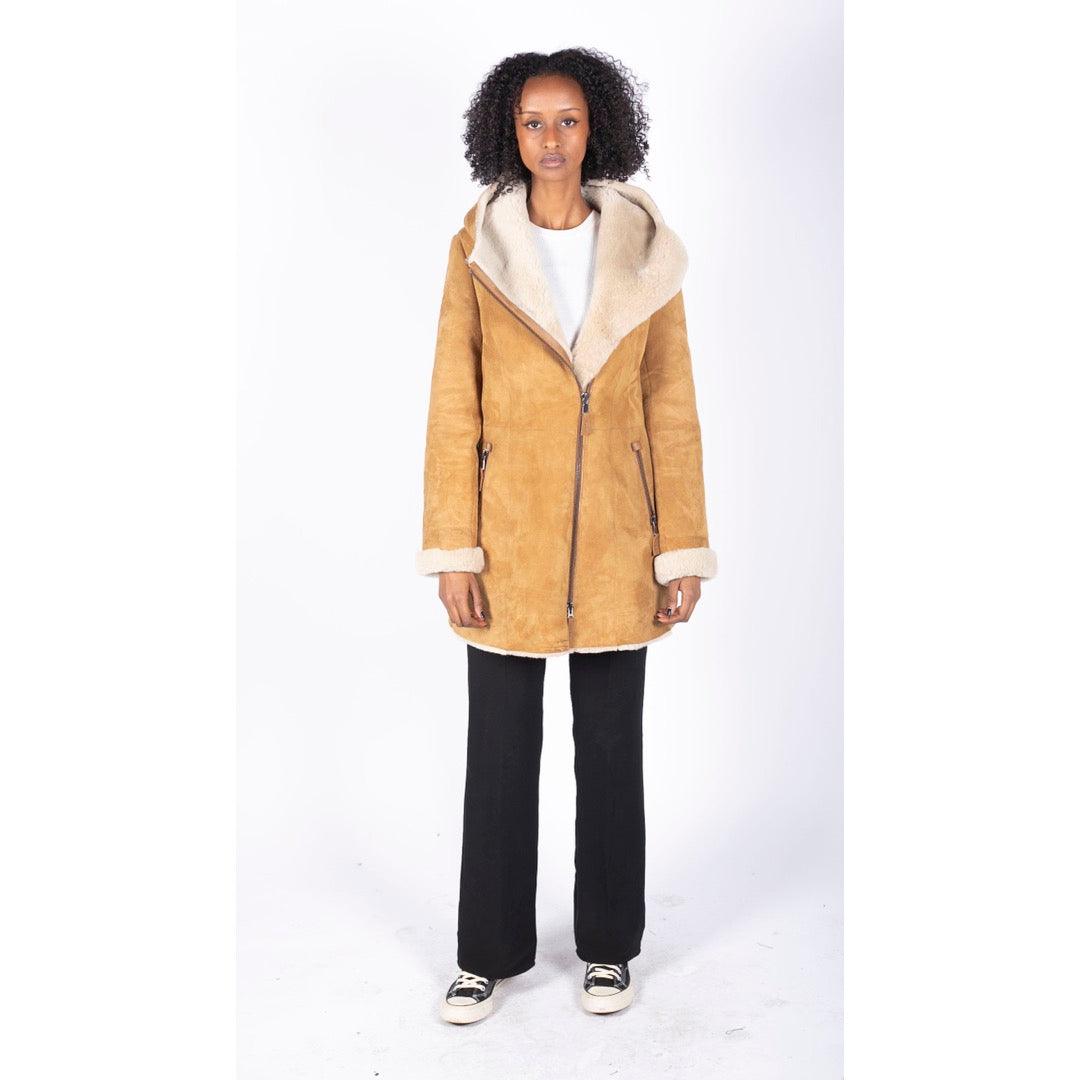 Womens 3/4 Mid Length Real Sheepskin Camel Cream Vintage Toscana Suede Hood Coat - Knighthood Store
