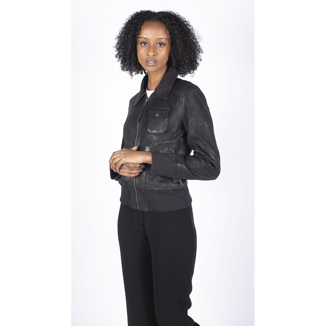 Womens Real Leather Bomber Jacket Short Zipped Retro Brown Tan Black Blue Grey - Knighthood Store