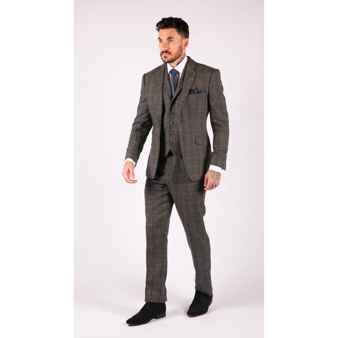 Mens 3 Piece Classic Tweed Herringbone Check Grey Navy Slim Fit Vintage Suit - Knighthood Store