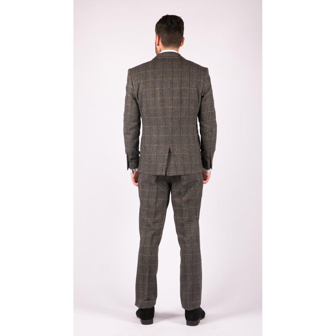 Mens 3 Piece Classic Tweed Herringbone Check Grey Navy Slim Fit Vintage Suit - Knighthood Store