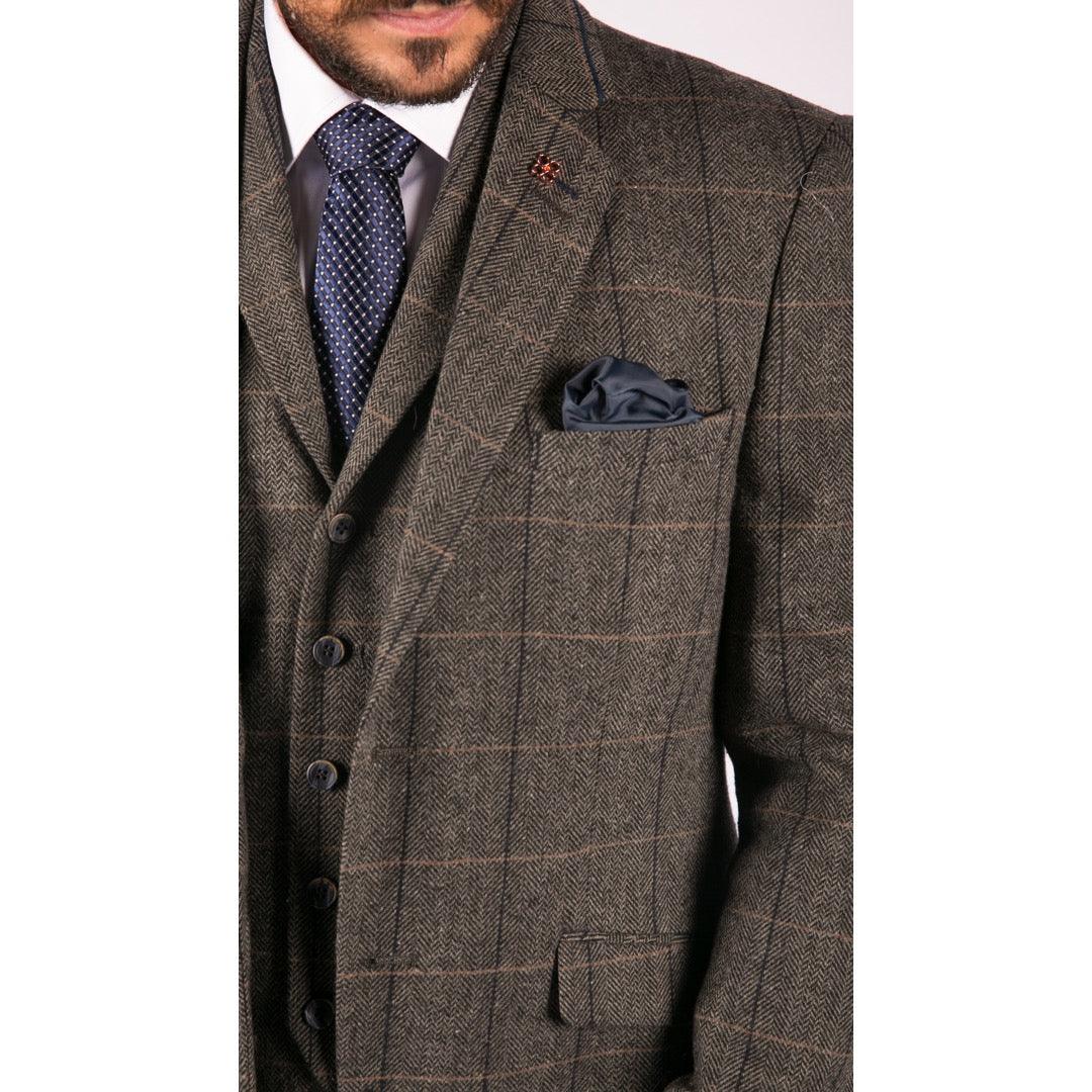 Mens 3 Piece Classic Tweed Herringbone Check Grey Navy Slim Fit Vintage Suit - Knighthood Store