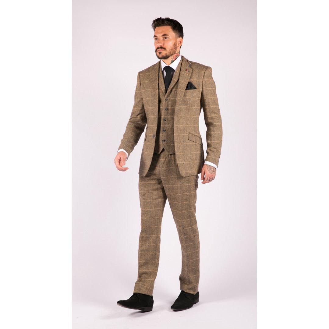 Mens 3 Piece Classic Tweed Herringbone Check Tan Brown Slim Fit Vintage Suit - Knighthood Store