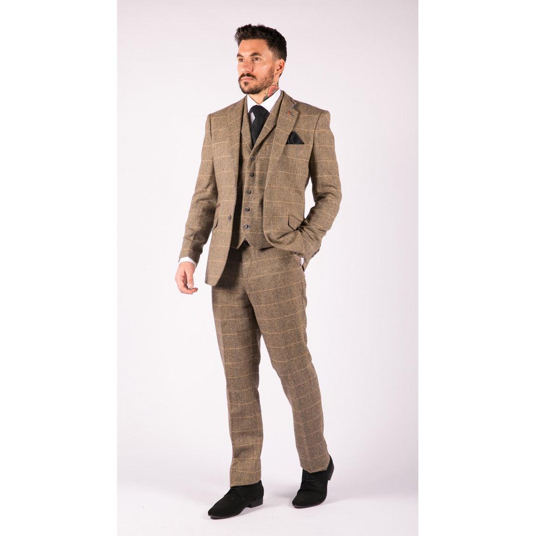 Mens 3 Piece Classic Tweed Herringbone Check Tan Brown Slim Fit Vintage Suit - Knighthood Store