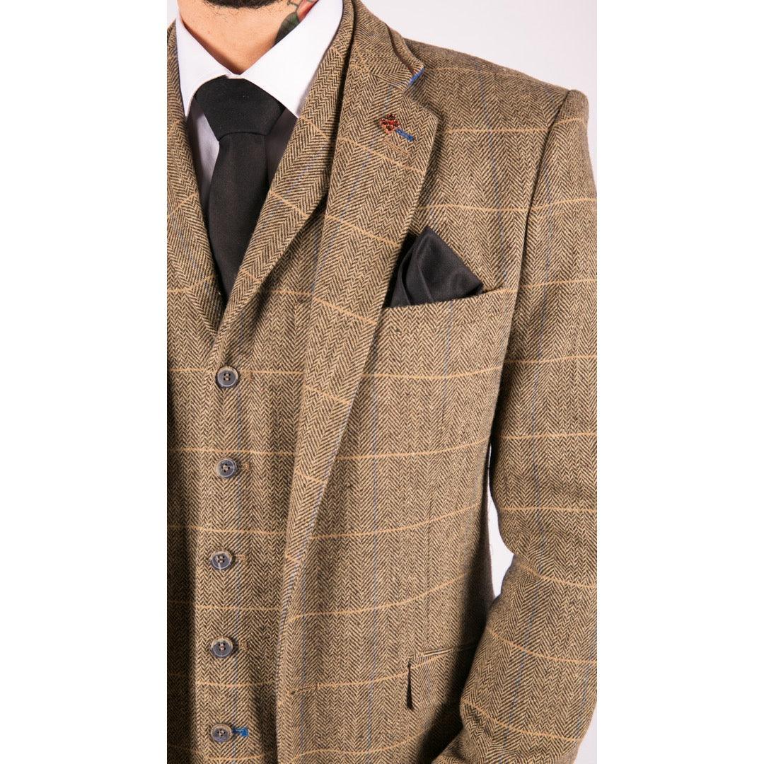 Mens 3 Piece Classic Tweed Herringbone Check Tan Brown Slim Fit Vintage Suit - Knighthood Store