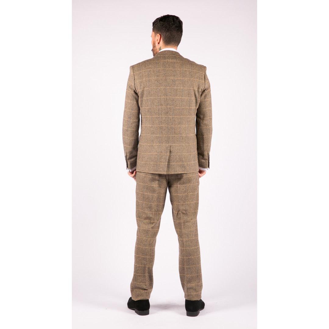 Mens 3 Piece Classic Tweed Herringbone Check Tan Brown Slim Fit Vintage Suit - Knighthood Store