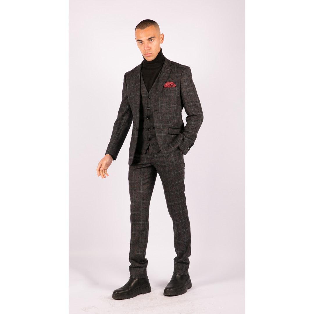 Mens Grey Black 3 Piece Tweed Suit Herringbone Wine Vintage Retro - Knighthood Store