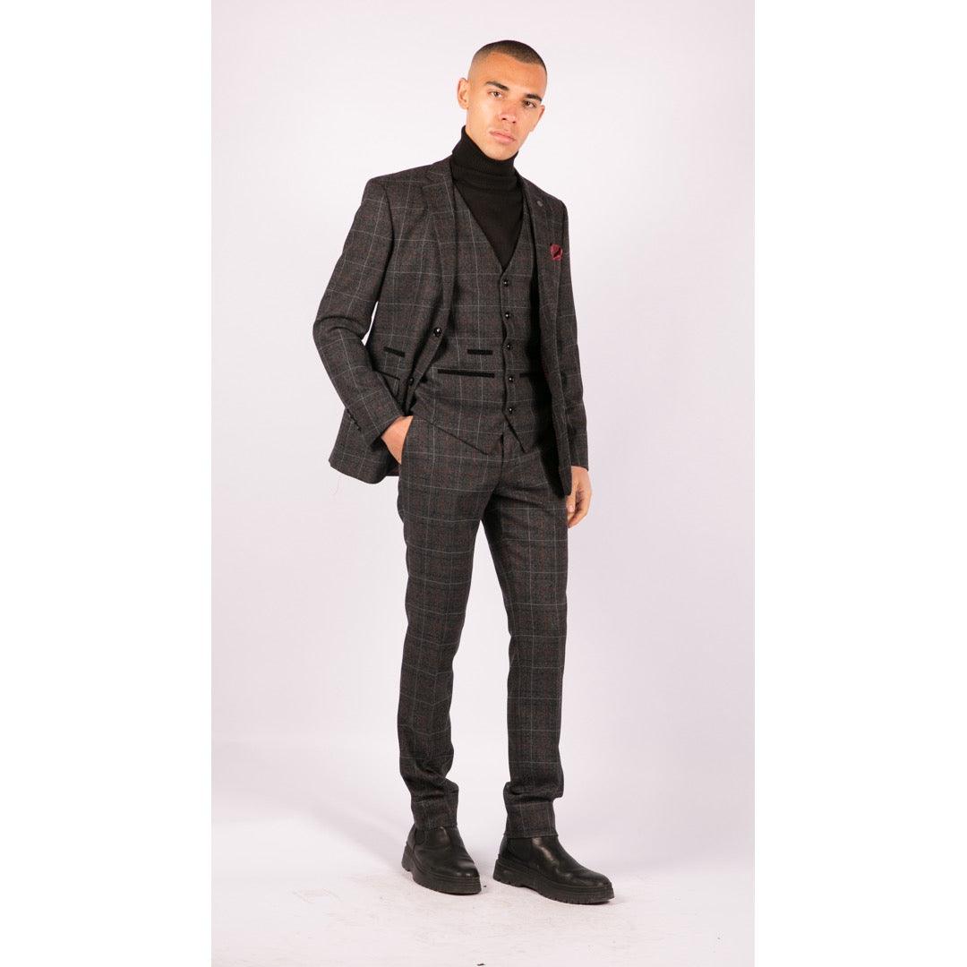 Mens Grey Black 3 Piece Tweed Suit Herringbone Wine Vintage Retro - Knighthood Store