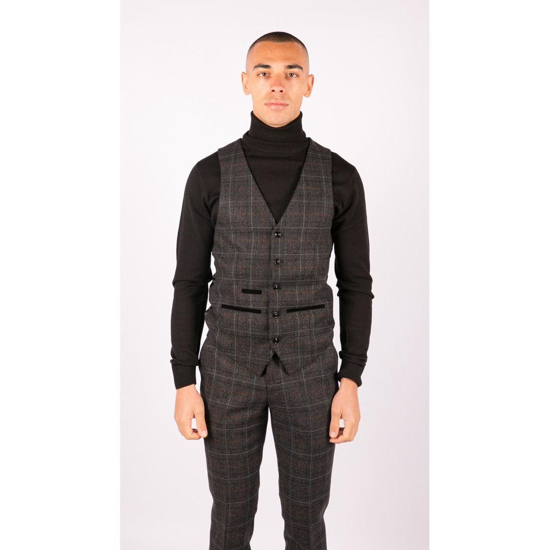 Mens Grey Black 3 Piece Tweed Suit Herringbone Wine Vintage Retro - Knighthood Store