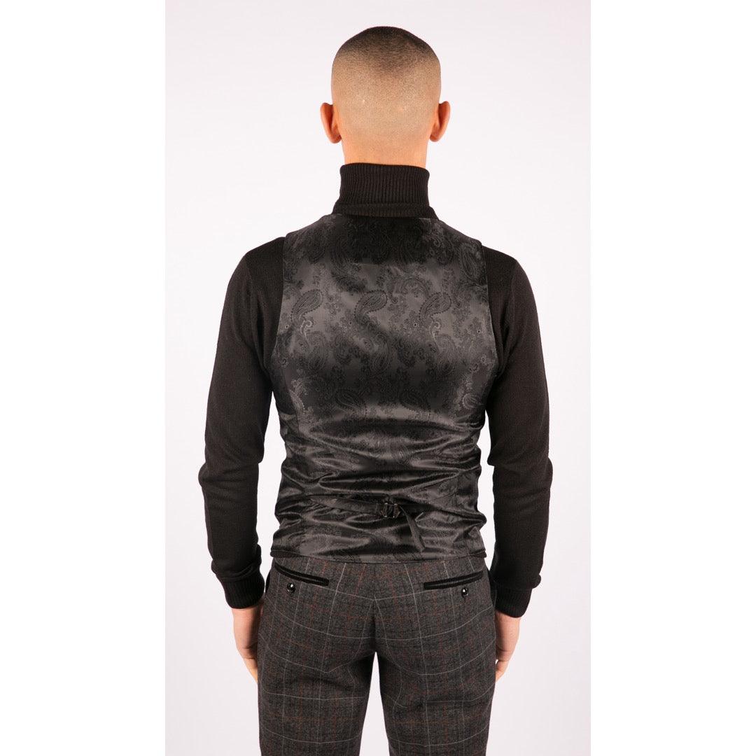 Mens Grey Black 3 Piece Tweed Suit Herringbone Wine Vintage Retro - Knighthood Store