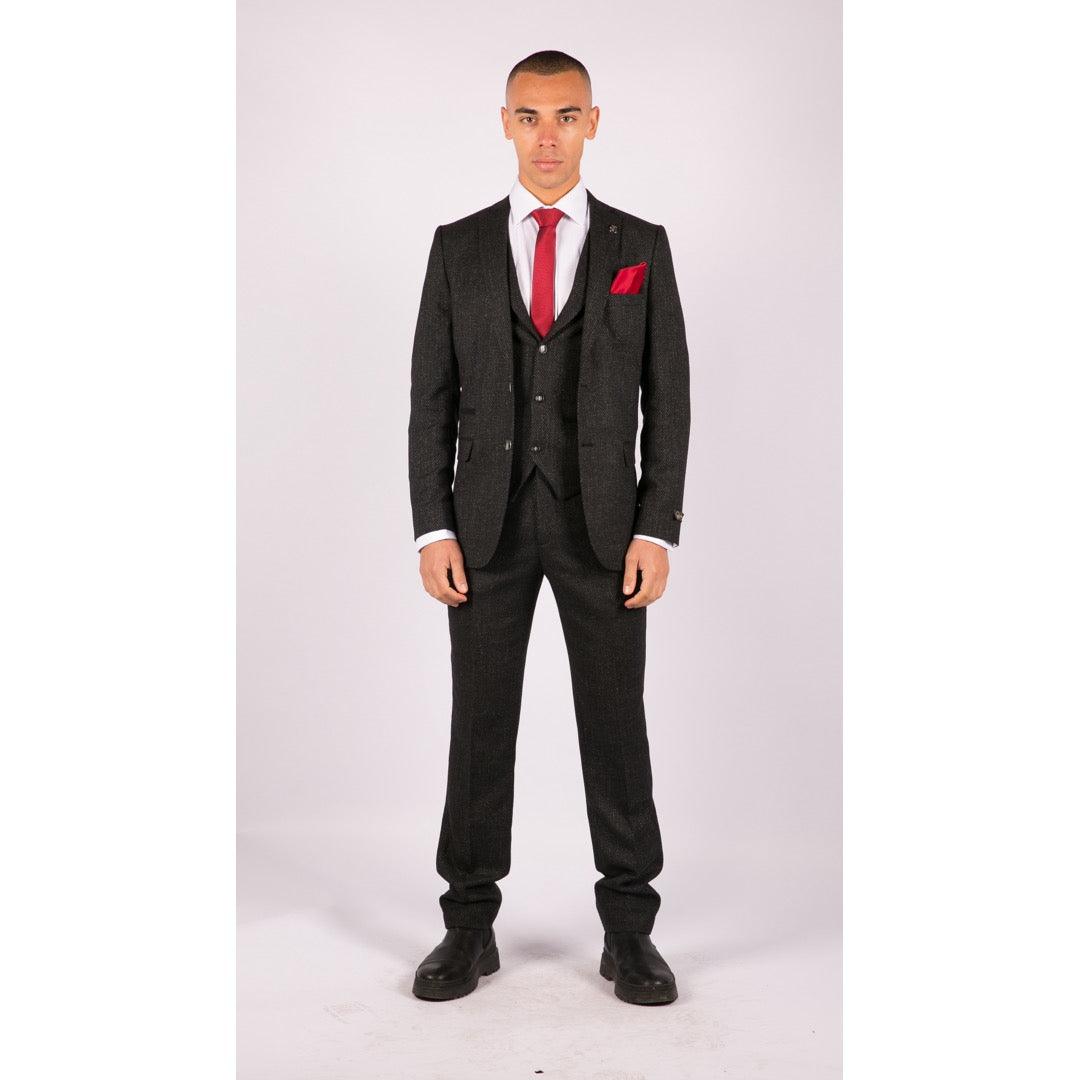 Mens Wool 3 Piece Suit Tweed Charcoal Black Tailored Fit Classic - Knighthood Store
