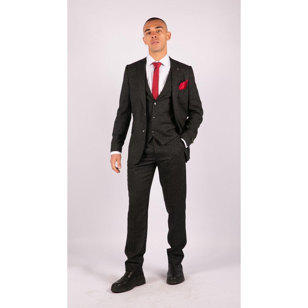 Mens Wool 3 Piece Suit Tweed Charcoal Black Tailored Fit Classic - Knighthood Store