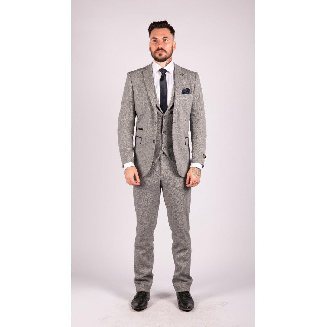 Mens Light Grey 3 Piece Tweed Suit Herringbone Wool Vintage Retro - Knighthood Store