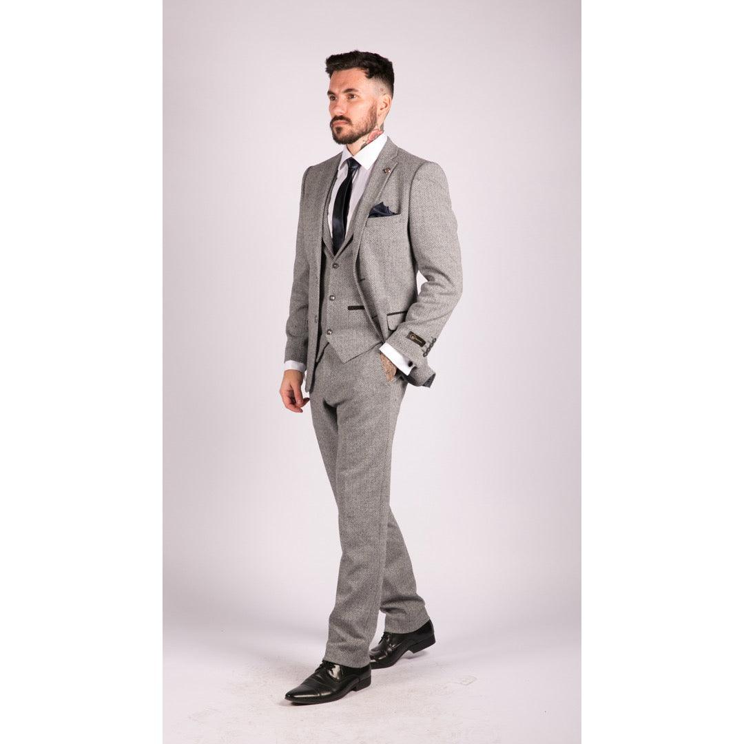 Mens Light Grey 3 Piece Tweed Suit Herringbone Wool Vintage Retro - Knighthood Store