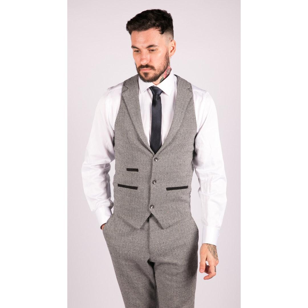 Mens Light Grey 3 Piece Tweed Suit Herringbone Wool Vintage Retro - Knighthood Store