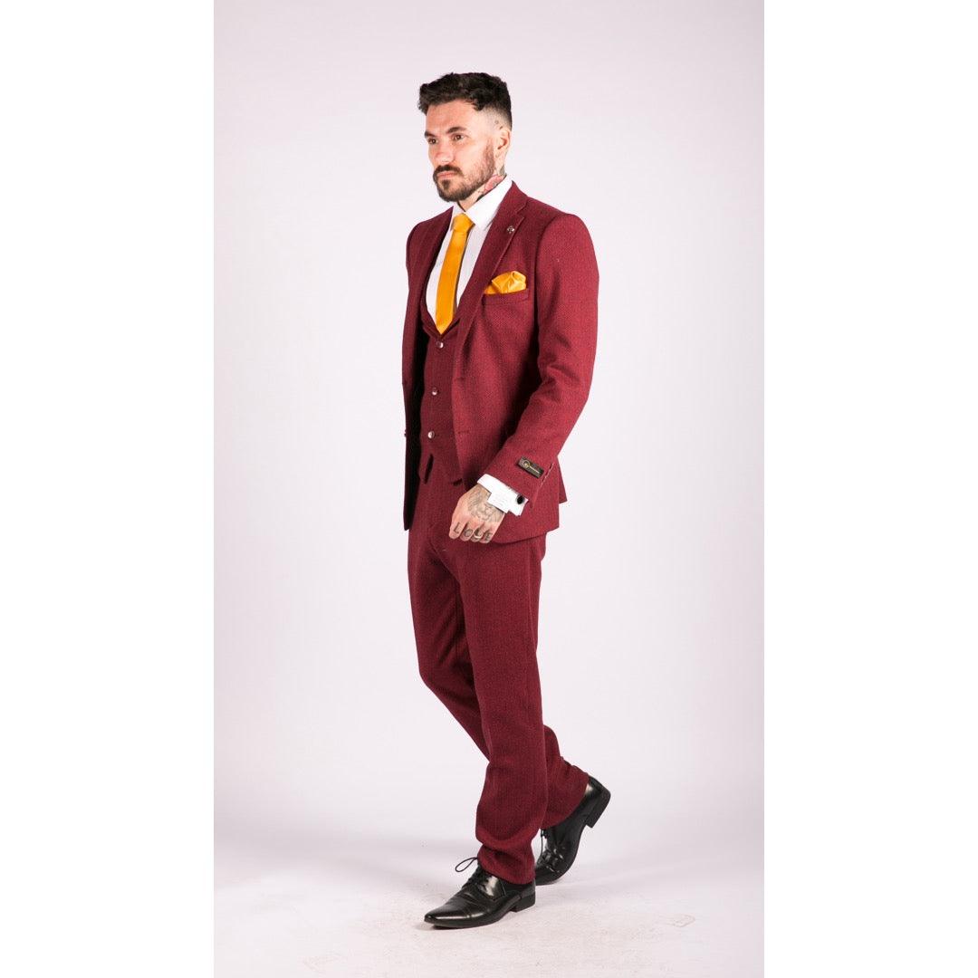 Mens Wool 3 Piece Suit Tweed Burgundy Black Tailored Fit Classic - Knighthood Store