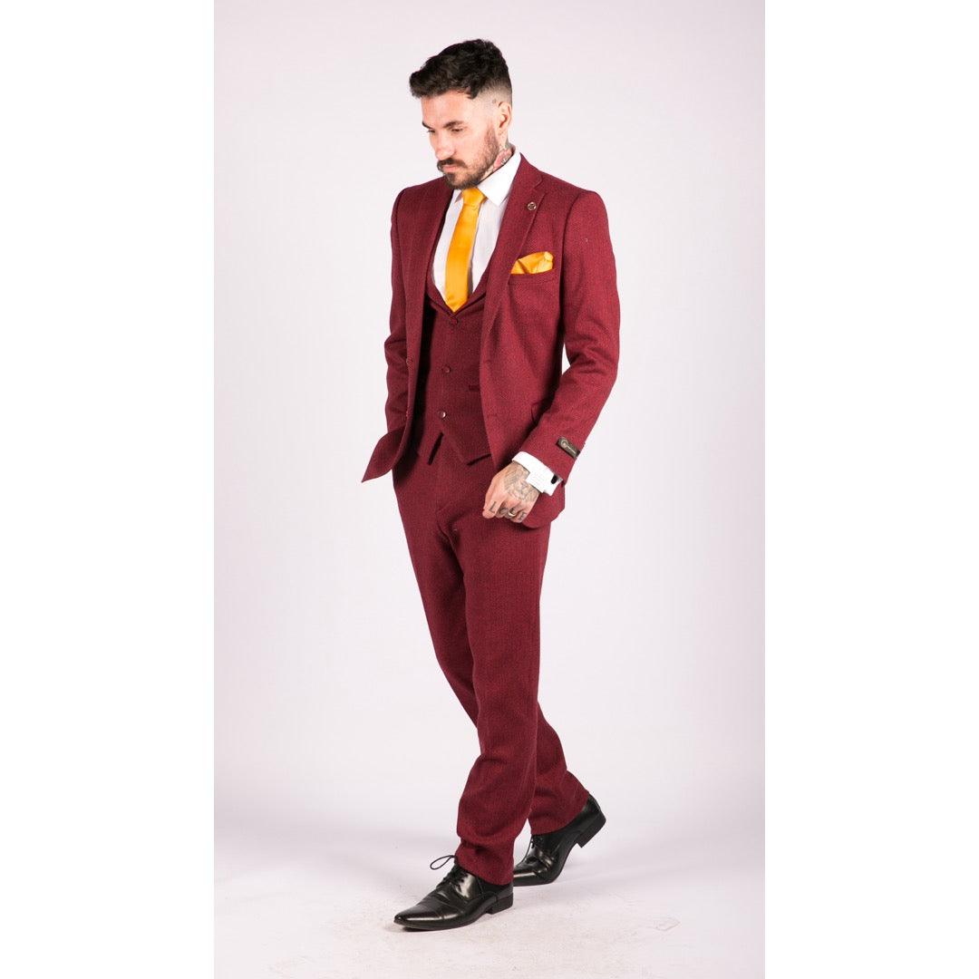 Mens Wool 3 Piece Suit Tweed Burgundy Black Tailored Fit Classic - Knighthood Store