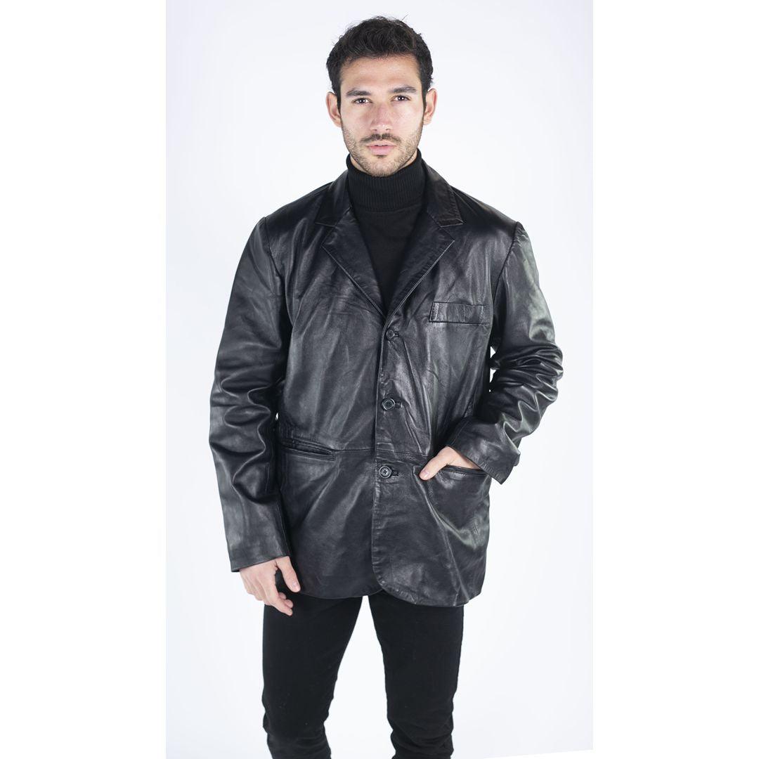 Mens Real Leather Jacket Black Smart Casual Classic Blazer Retro Vintage - Knighthood Store