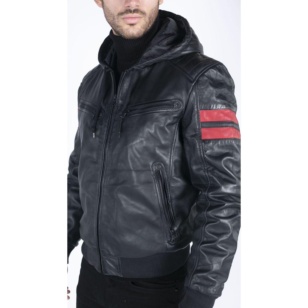 Mens Blue Black Hood Real Leather Bomber Jacket Red Stripes Quilted Slim Fit Casual - Knighthood Store